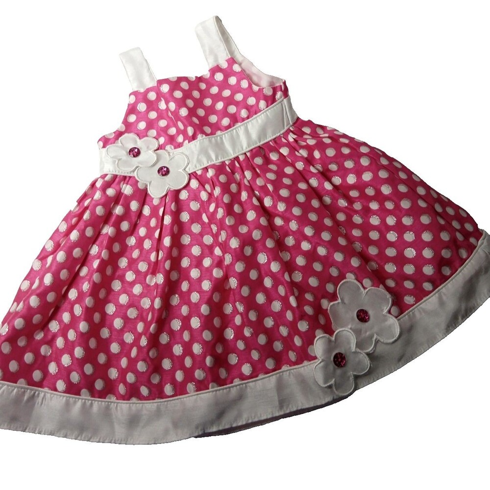 Youngland Baby Girl Pink White Polka Dot Flower Dress Rhinestone Toddler Sz 24M